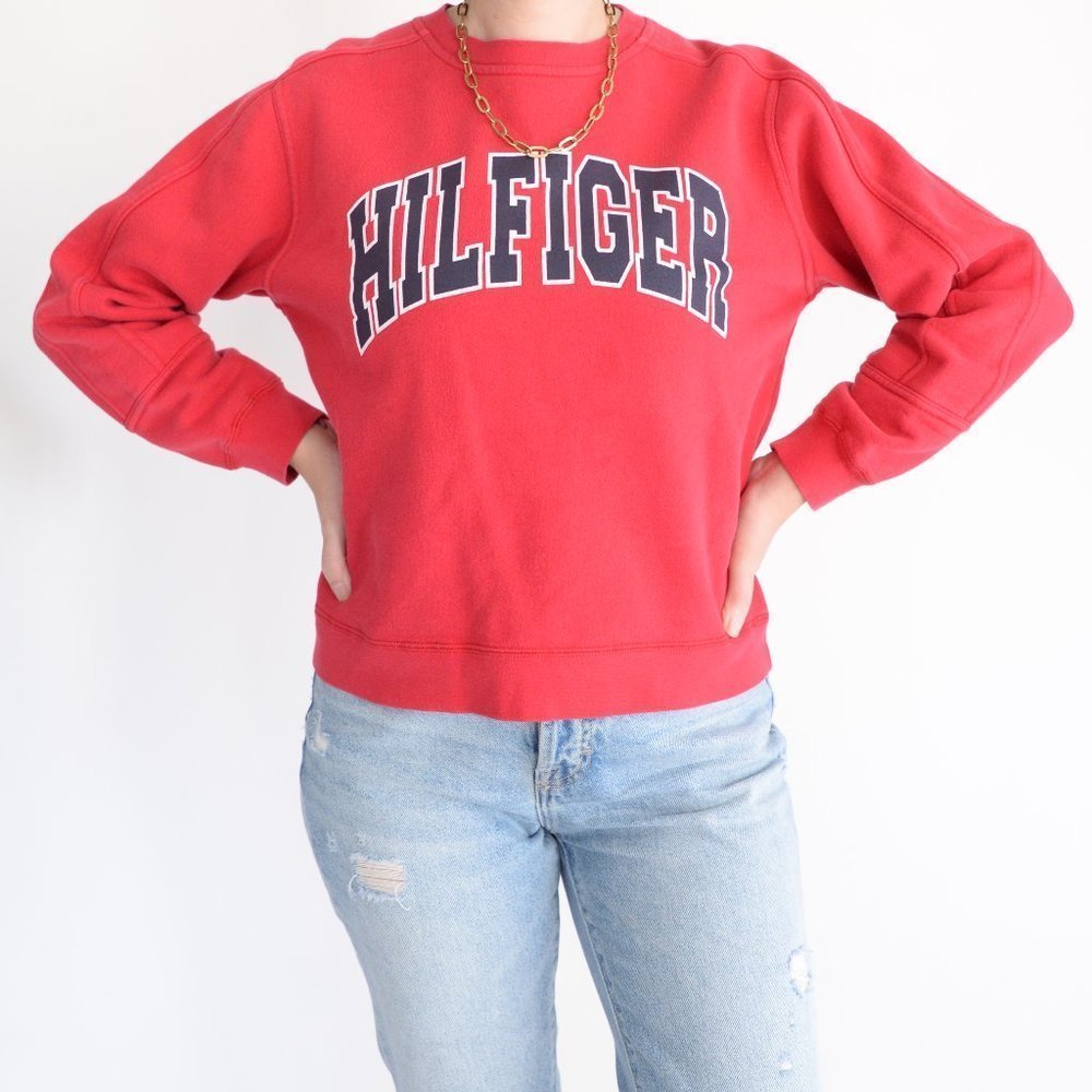 Vintage  90's Y2K Tommy Hilfiger Red Crewneck Sweater Size Large - Picture 2 of 13